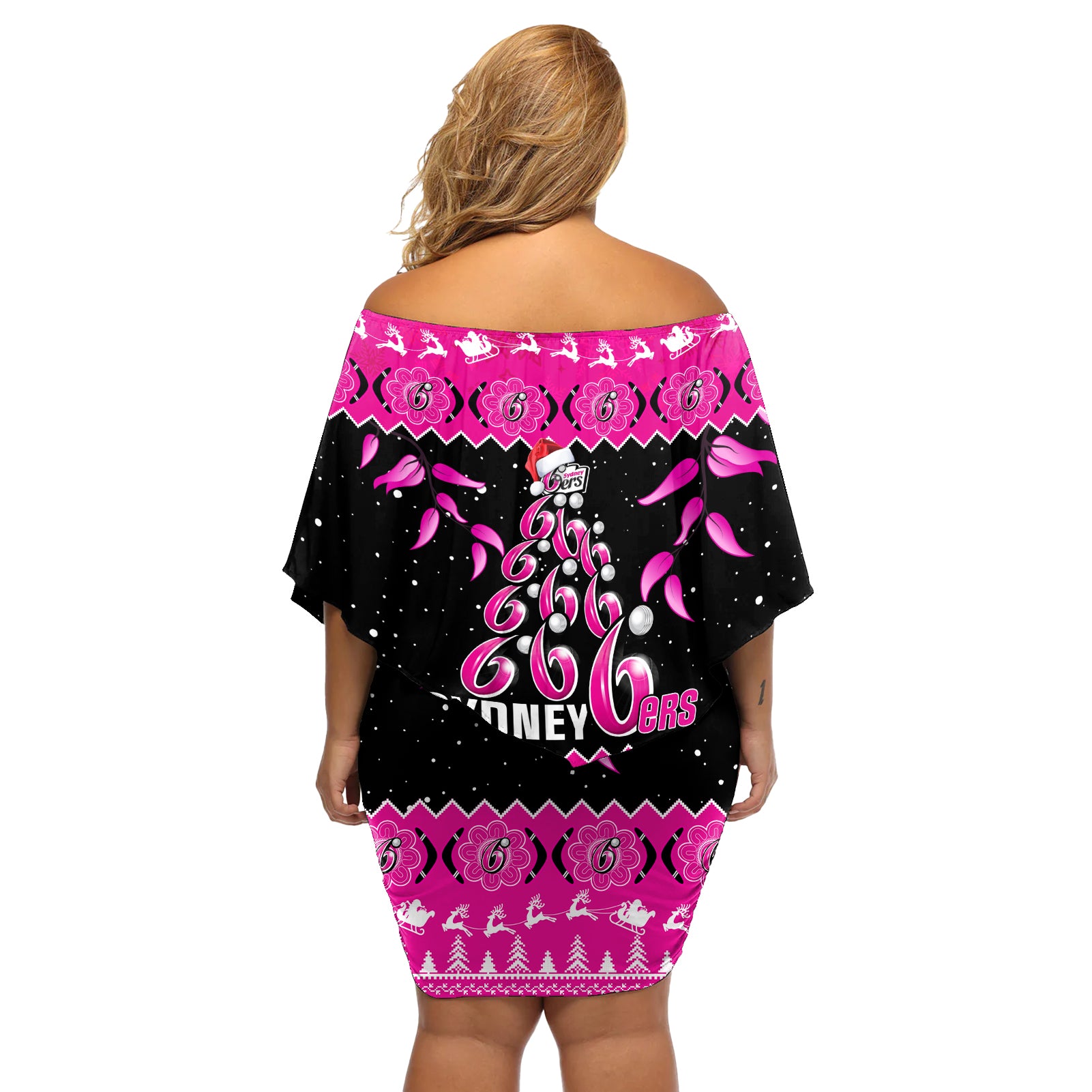 sydney-sixers-cricket-christmas-off-shoulder-short-dress-merry-xmas-2023-indigenous-art