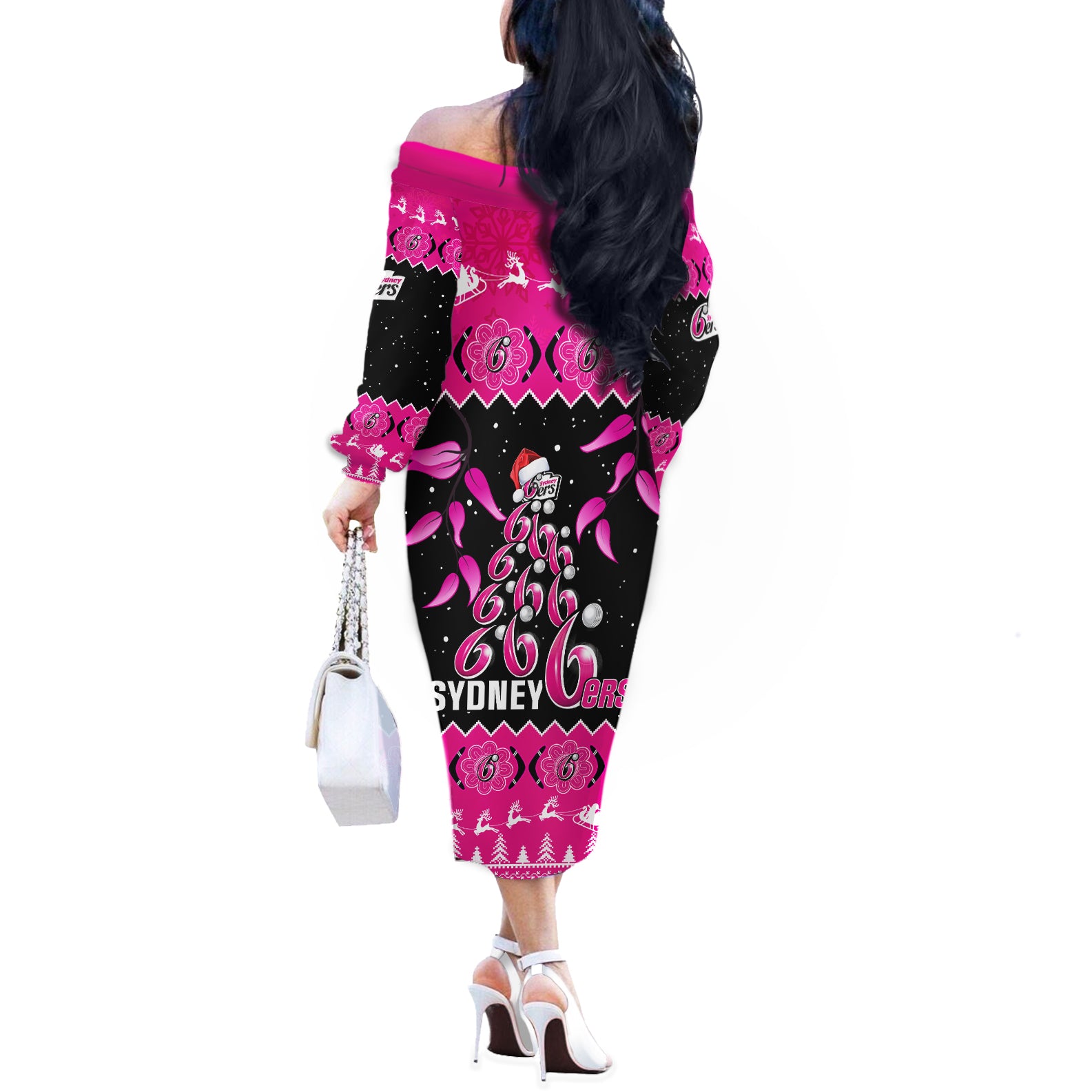 sydney-sixers-cricket-christmas-off-the-shoulder-long-sleeve-dress-merry-xmas-2023-indigenous-art