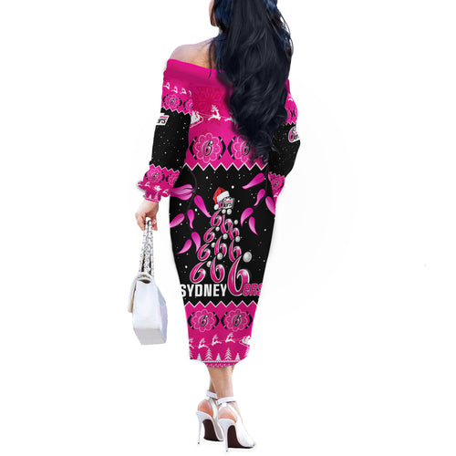 sydney-sixers-cricket-christmas-off-the-shoulder-long-sleeve-dress-merry-xmas-2023-indigenous-art