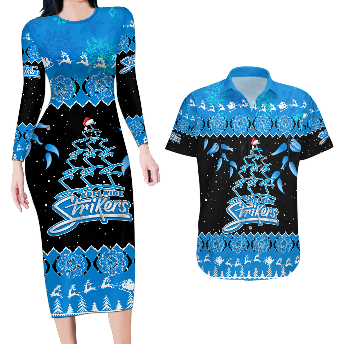 adelaide-strikers-cricket-christmas-couples-matching-long-sleeve-bodycon-dress-and-hawaiian-shirt-merry-xmas-2023-indigenous-art