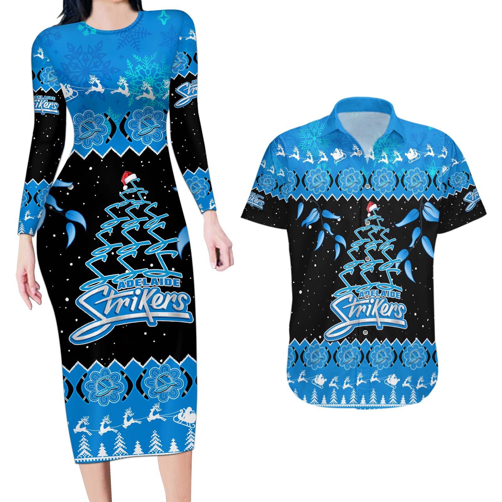 adelaide-strikers-cricket-christmas-couples-matching-long-sleeve-bodycon-dress-and-hawaiian-shirt-merry-xmas-2023-indigenous-art