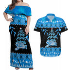 adelaide-strikers-cricket-christmas-couples-matching-off-shoulder-maxi-dress-and-hawaiian-shirt-merry-xmas-2023-indigenous-art
