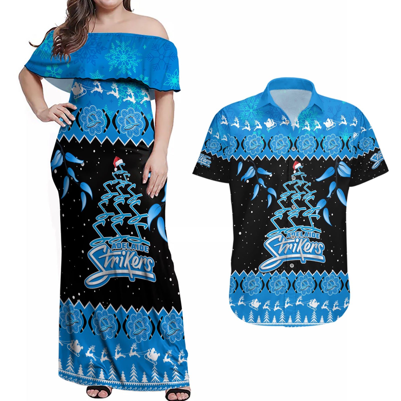 adelaide-strikers-cricket-christmas-couples-matching-off-shoulder-maxi-dress-and-hawaiian-shirt-merry-xmas-2023-indigenous-art