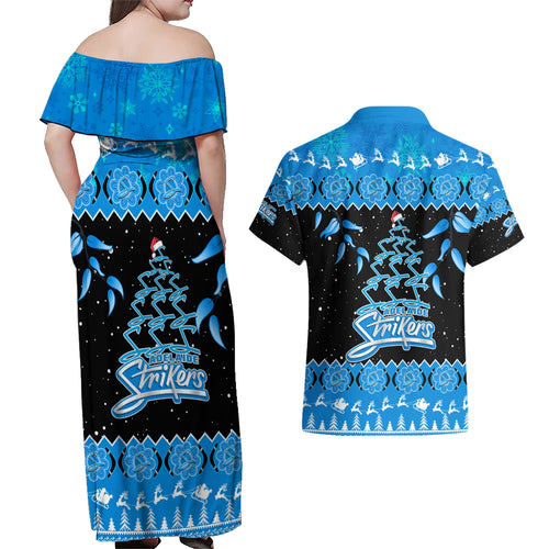 adelaide-strikers-cricket-christmas-couples-matching-off-shoulder-maxi-dress-and-hawaiian-shirt-merry-xmas-2023-indigenous-art