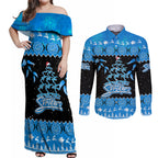 adelaide-strikers-cricket-christmas-couples-matching-off-shoulder-maxi-dress-and-long-sleeve-button-shirt-merry-xmas-2023-indigenous-art
