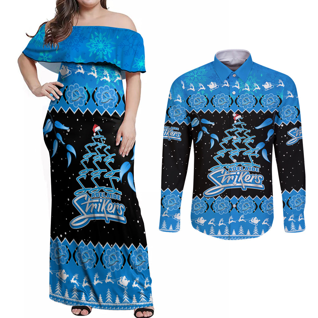 adelaide-strikers-cricket-christmas-couples-matching-off-shoulder-maxi-dress-and-long-sleeve-button-shirt-merry-xmas-2023-indigenous-art