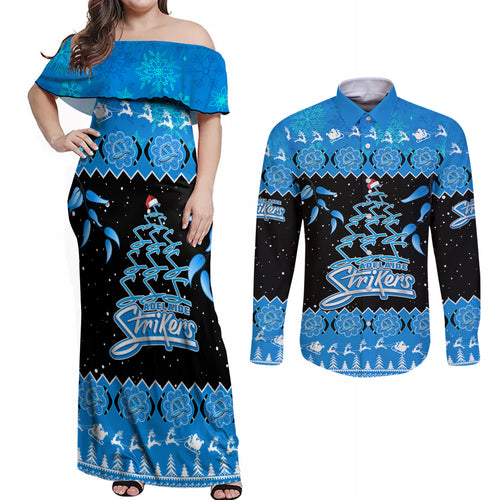 adelaide-strikers-cricket-christmas-couples-matching-off-shoulder-maxi-dress-and-long-sleeve-button-shirt-merry-xmas-2023-indigenous-art