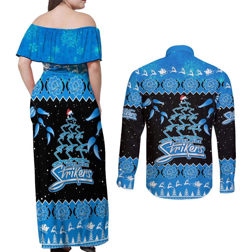 adelaide-strikers-cricket-christmas-couples-matching-off-shoulder-maxi-dress-and-long-sleeve-button-shirt-merry-xmas-2023-indigenous-art