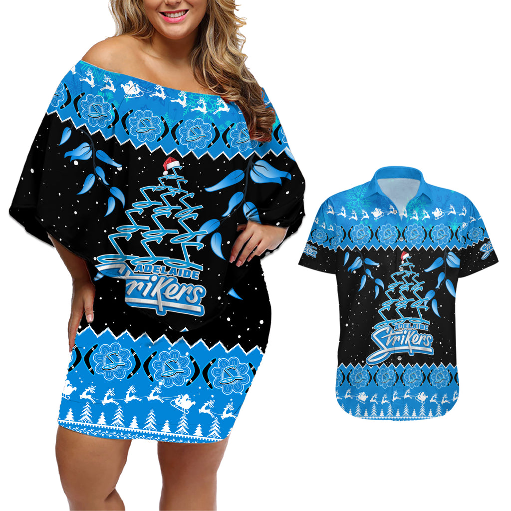 adelaide-strikers-cricket-christmas-couples-matching-off-shoulder-short-dress-and-hawaiian-shirt-merry-xmas-2023-indigenous-art