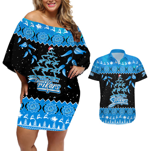 adelaide-strikers-cricket-christmas-couples-matching-off-shoulder-short-dress-and-hawaiian-shirt-merry-xmas-2023-indigenous-art