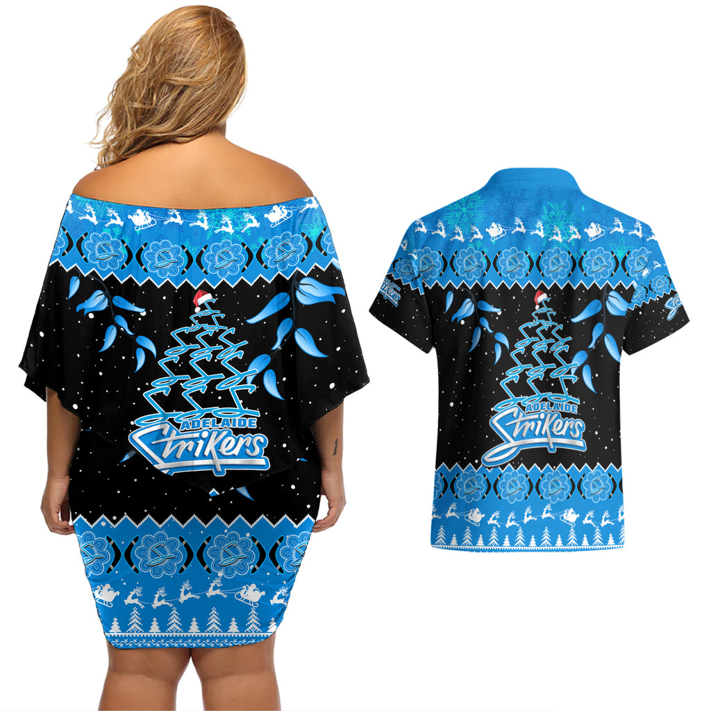 adelaide-strikers-cricket-christmas-couples-matching-off-shoulder-short-dress-and-hawaiian-shirt-merry-xmas-2023-indigenous-art