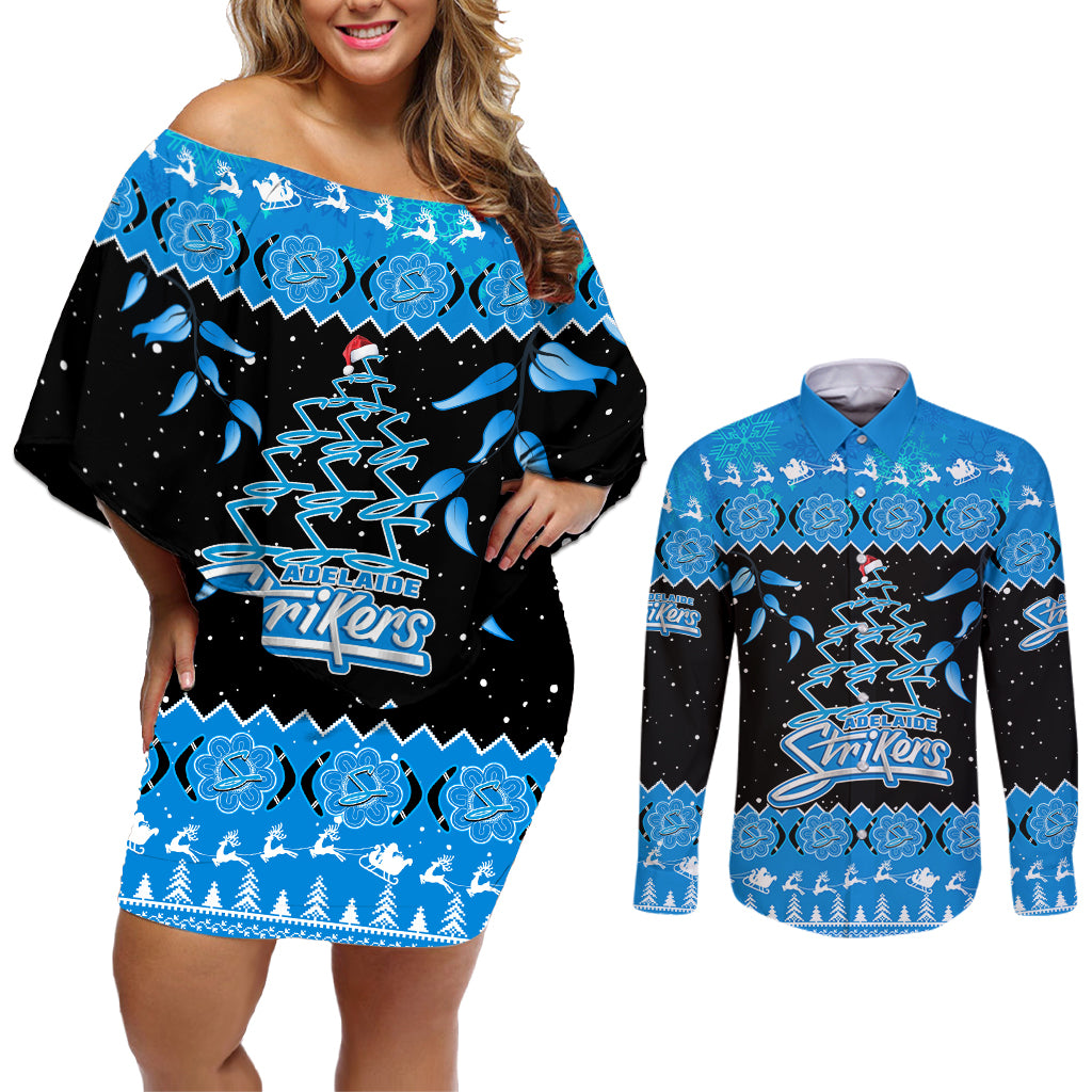 adelaide-strikers-cricket-christmas-couples-matching-off-shoulder-short-dress-and-long-sleeve-button-shirt-merry-xmas-2023-indigenous-art