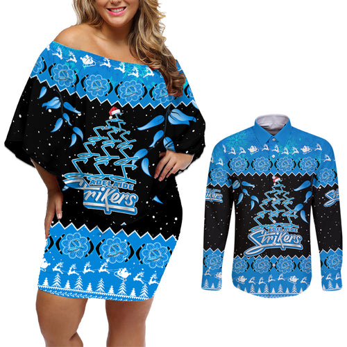 adelaide-strikers-cricket-christmas-couples-matching-off-shoulder-short-dress-and-long-sleeve-button-shirt-merry-xmas-2023-indigenous-art