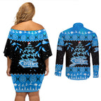 adelaide-strikers-cricket-christmas-couples-matching-off-shoulder-short-dress-and-long-sleeve-button-shirt-merry-xmas-2023-indigenous-art