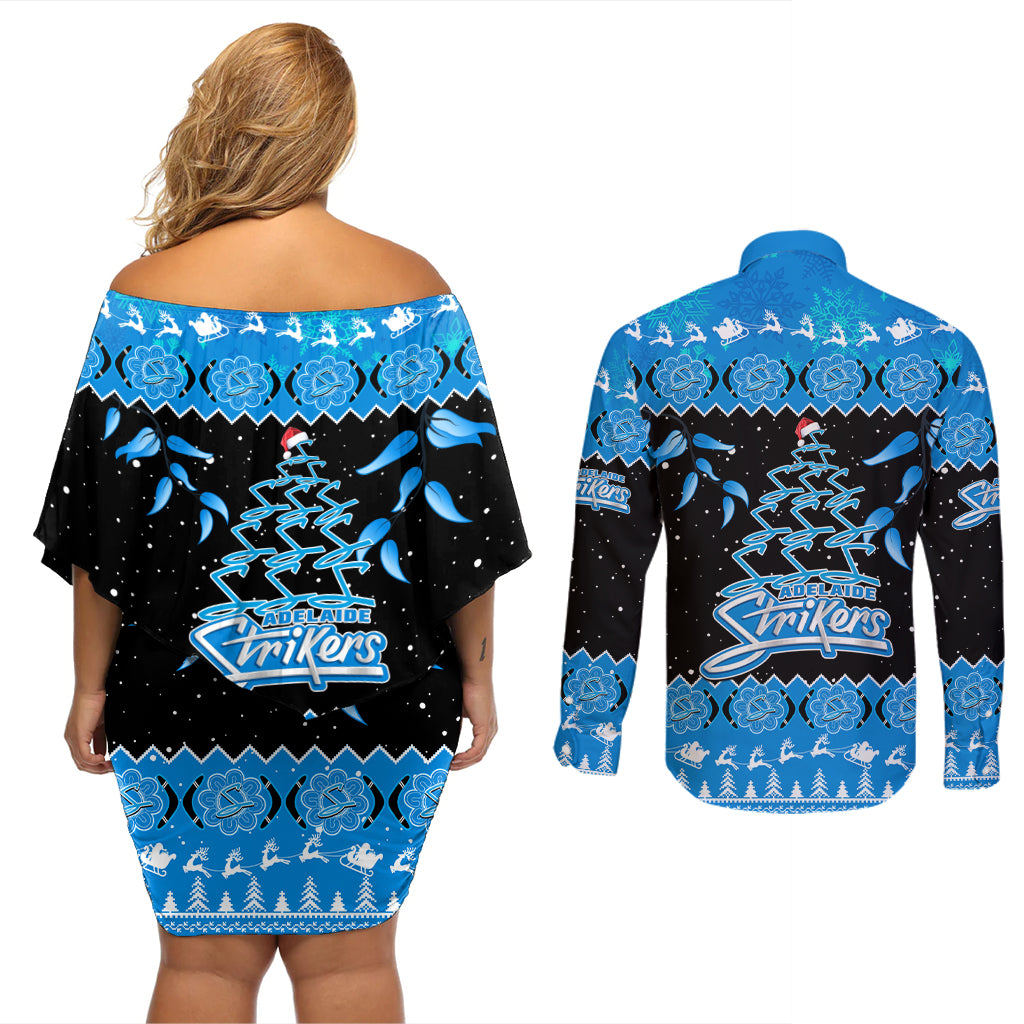 adelaide-strikers-cricket-christmas-couples-matching-off-shoulder-short-dress-and-long-sleeve-button-shirt-merry-xmas-2023-indigenous-art