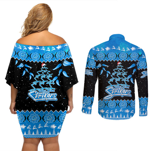 adelaide-strikers-cricket-christmas-couples-matching-off-shoulder-short-dress-and-long-sleeve-button-shirt-merry-xmas-2023-indigenous-art