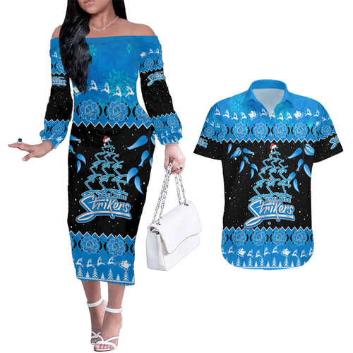 adelaide-strikers-cricket-christmas-couples-matching-off-the-shoulder-long-sleeve-dress-and-hawaiian-shirt-merry-xmas-2023-indigenous-art