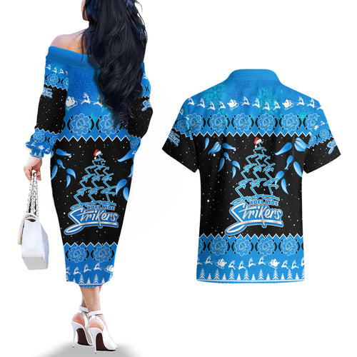 adelaide-strikers-cricket-christmas-couples-matching-off-the-shoulder-long-sleeve-dress-and-hawaiian-shirt-merry-xmas-2023-indigenous-art