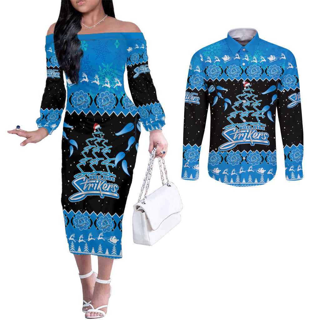 adelaide-strikers-cricket-christmas-couples-matching-off-the-shoulder-long-sleeve-dress-and-long-sleeve-button-shirt-merry-xmas-2023-indigenous-art