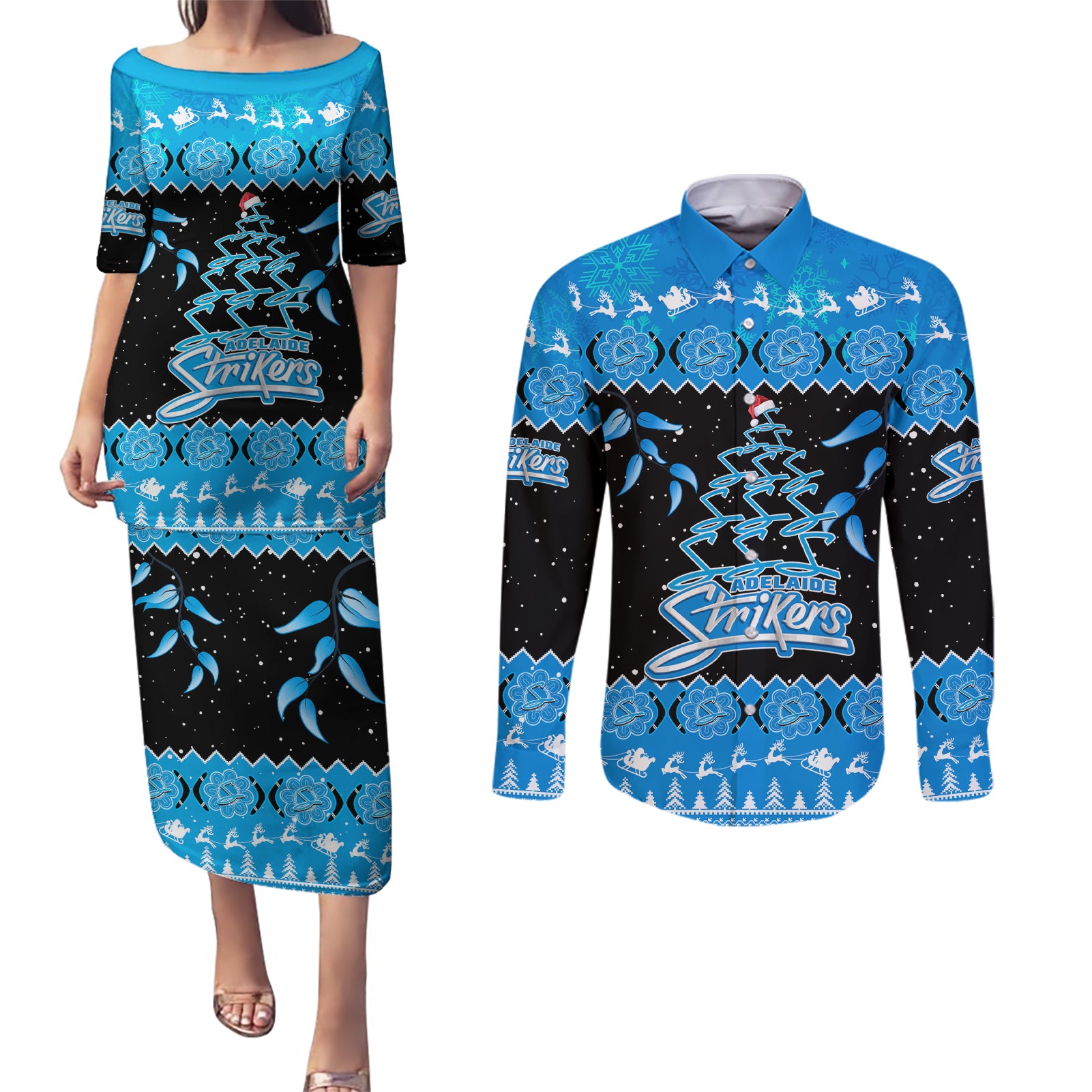 adelaide-strikers-cricket-christmas-couples-matching-puletasi-dress-and-long-sleeve-button-shirt-merry-xmas-2023-indigenous-art
