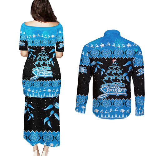 adelaide-strikers-cricket-christmas-couples-matching-puletasi-dress-and-long-sleeve-button-shirt-merry-xmas-2023-indigenous-art