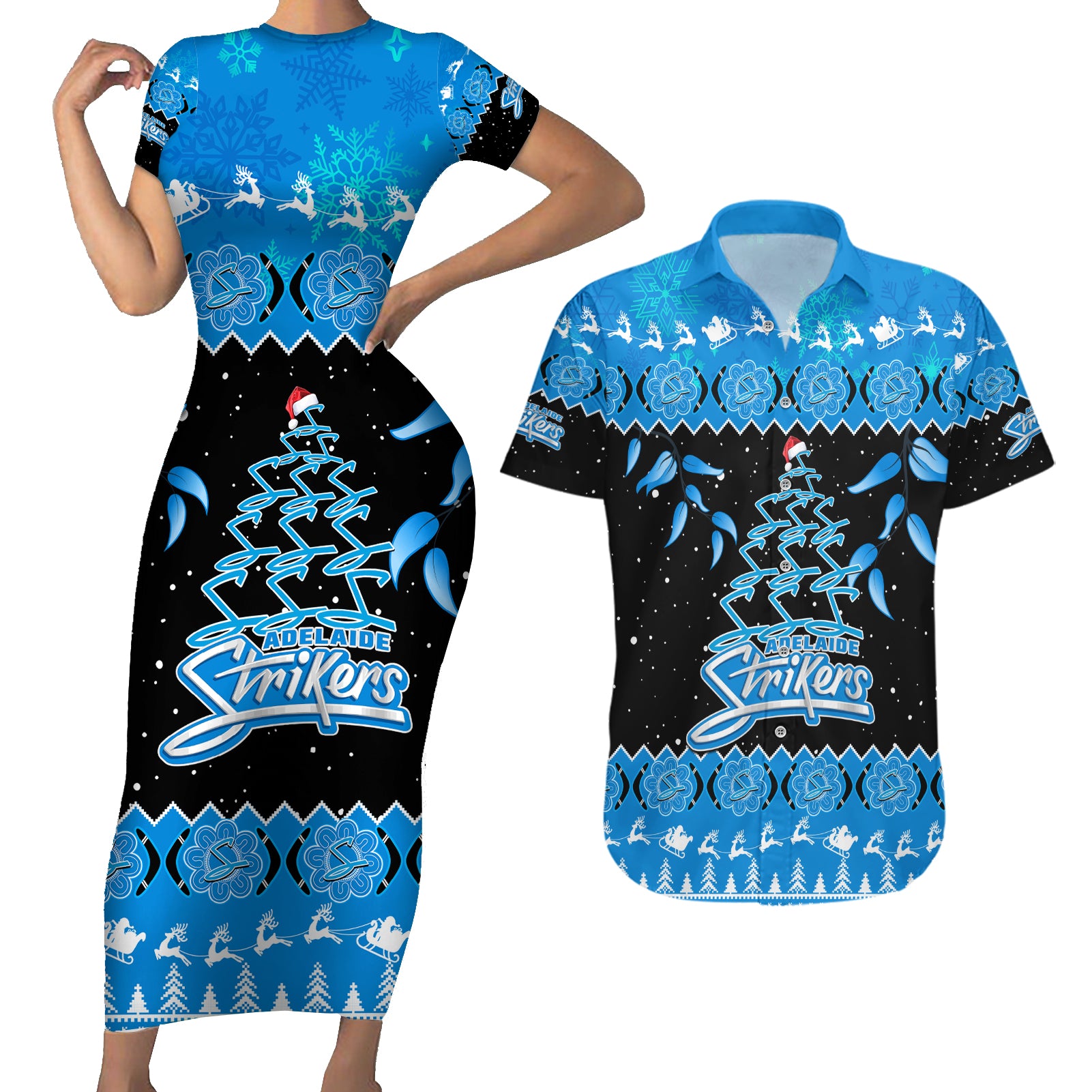 adelaide-strikers-cricket-christmas-couples-matching-short-sleeve-bodycon-dress-and-hawaiian-shirt-merry-xmas-2023-indigenous-art