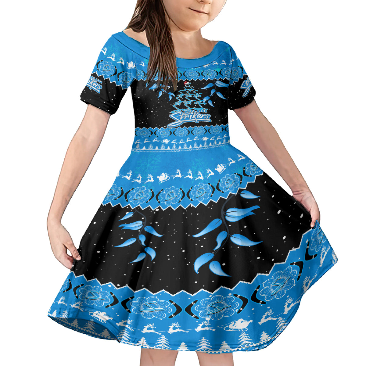 adelaide-strikers-cricket-christmas-kid-short-sleeve-dress-merry-xmas-2023-indigenous-art