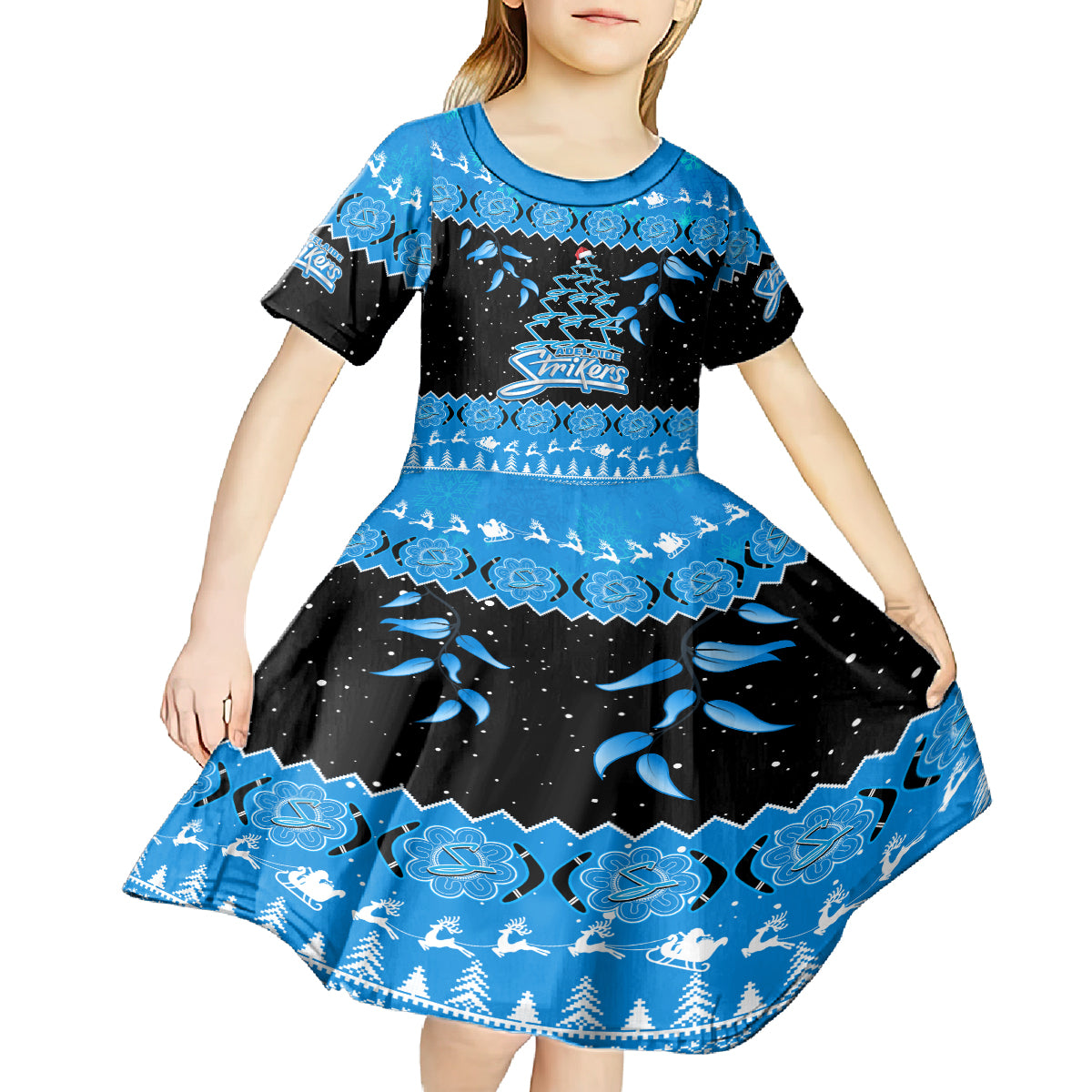 adelaide-strikers-cricket-christmas-kid-short-sleeve-dress-merry-xmas-2023-indigenous-art