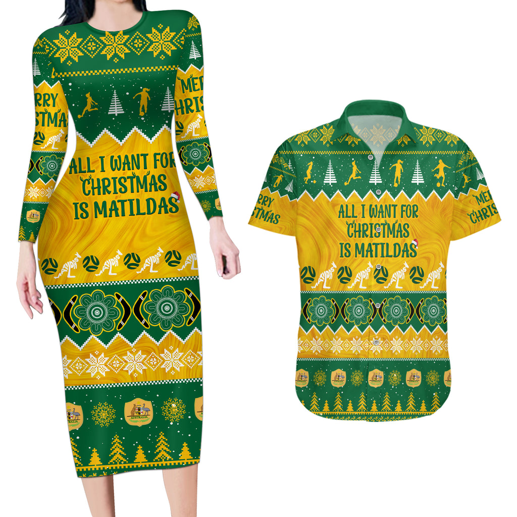 personalised-australia-soccer-christmas-couples-matching-long-sleeve-bodycon-dress-and-hawaiian-shirt-all-i-want-for-xmas-is-matildas