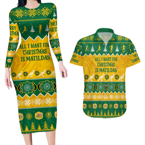 personalised-australia-soccer-christmas-couples-matching-long-sleeve-bodycon-dress-and-hawaiian-shirt-all-i-want-for-xmas-is-matildas