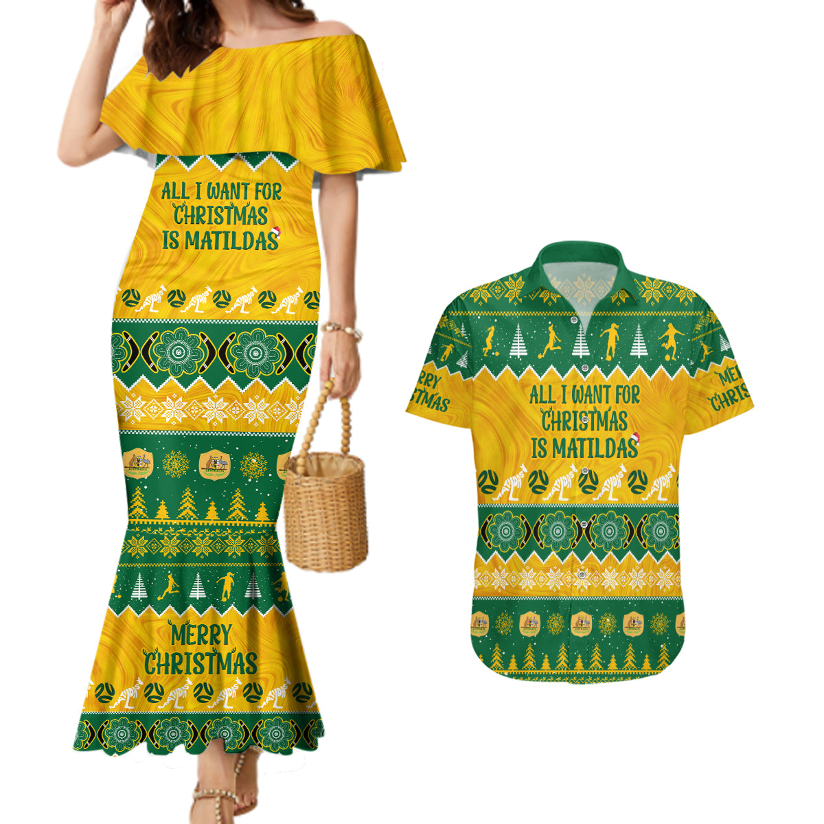 personalised-australia-soccer-christmas-couples-matching-mermaid-dress-and-hawaiian-shirt-all-i-want-for-xmas-is-matildas