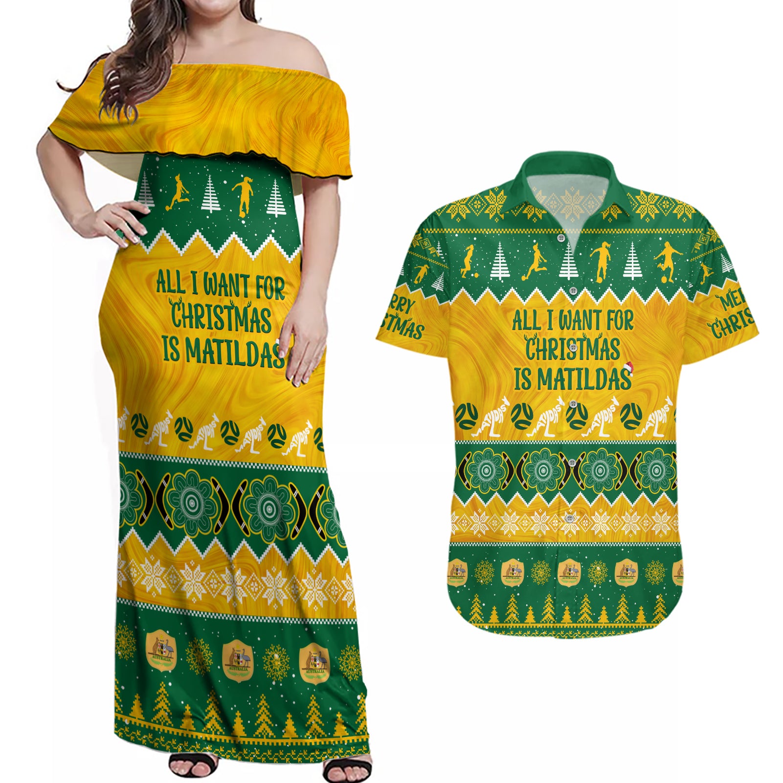 personalised-australia-soccer-christmas-couples-matching-off-shoulder-maxi-dress-and-hawaiian-shirt-all-i-want-for-xmas-is-matildas