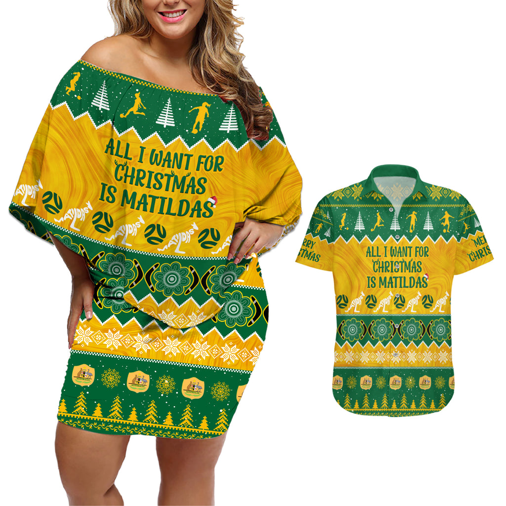 personalised-australia-soccer-christmas-couples-matching-off-shoulder-short-dress-and-hawaiian-shirt-all-i-want-for-xmas-is-matildas