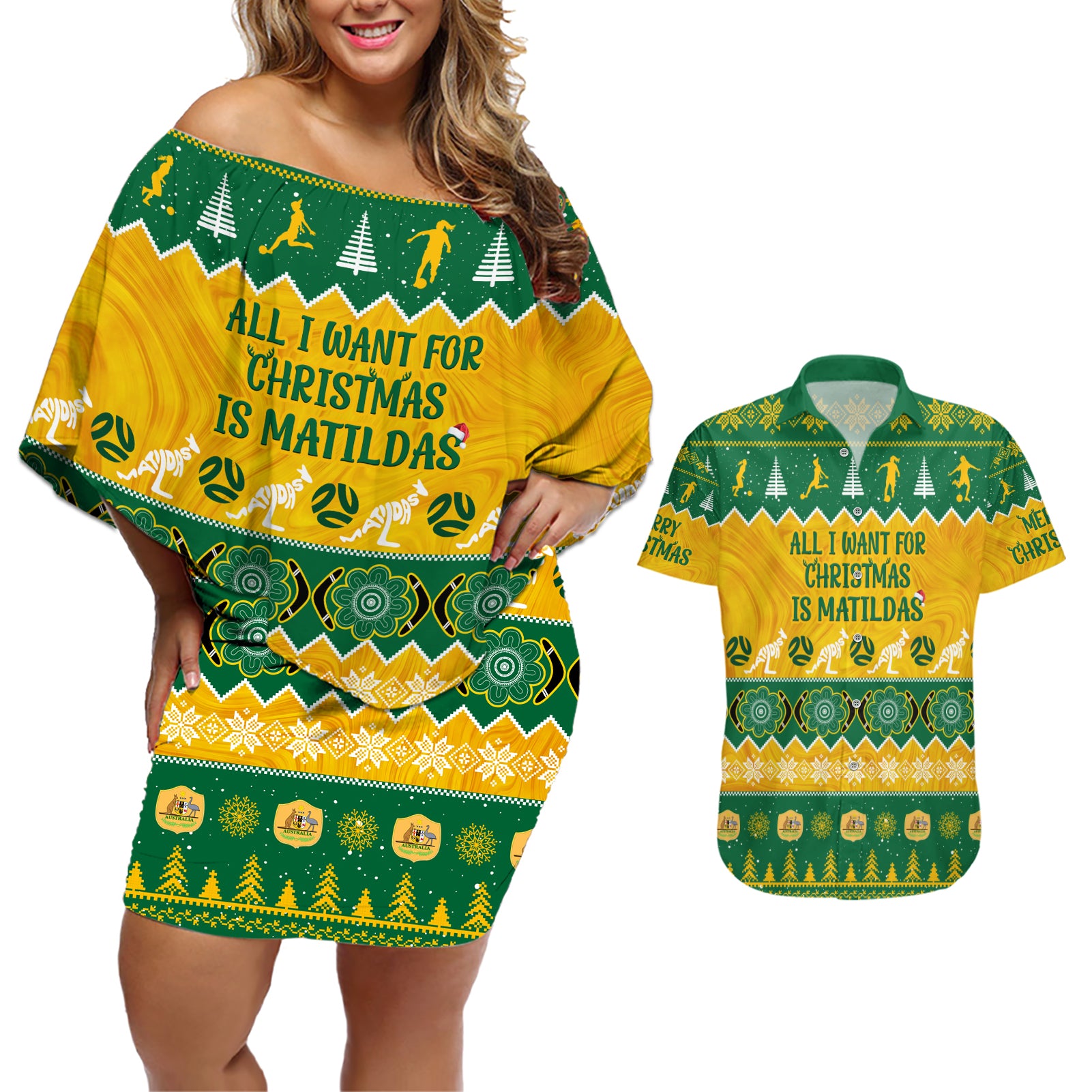 personalised-australia-soccer-christmas-couples-matching-off-shoulder-short-dress-and-hawaiian-shirt-all-i-want-for-xmas-is-matildas