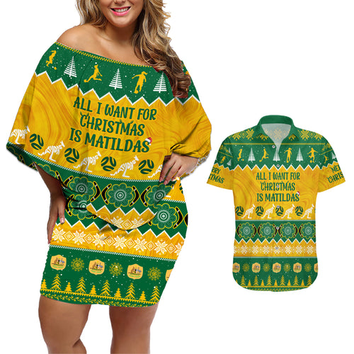 personalised-australia-soccer-christmas-couples-matching-off-shoulder-short-dress-and-hawaiian-shirt-all-i-want-for-xmas-is-matildas
