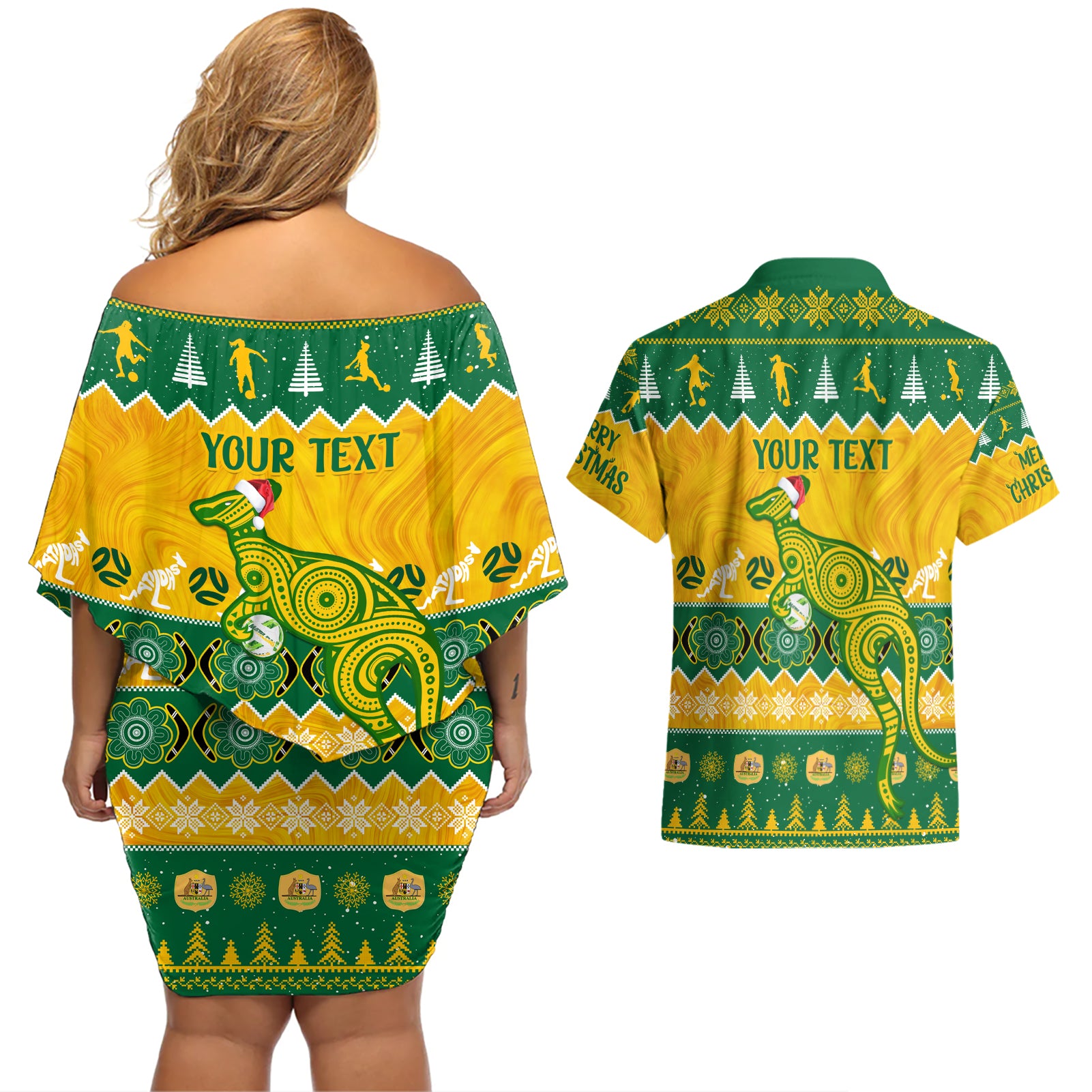 personalised-australia-soccer-christmas-couples-matching-off-shoulder-short-dress-and-hawaiian-shirt-all-i-want-for-xmas-is-matildas