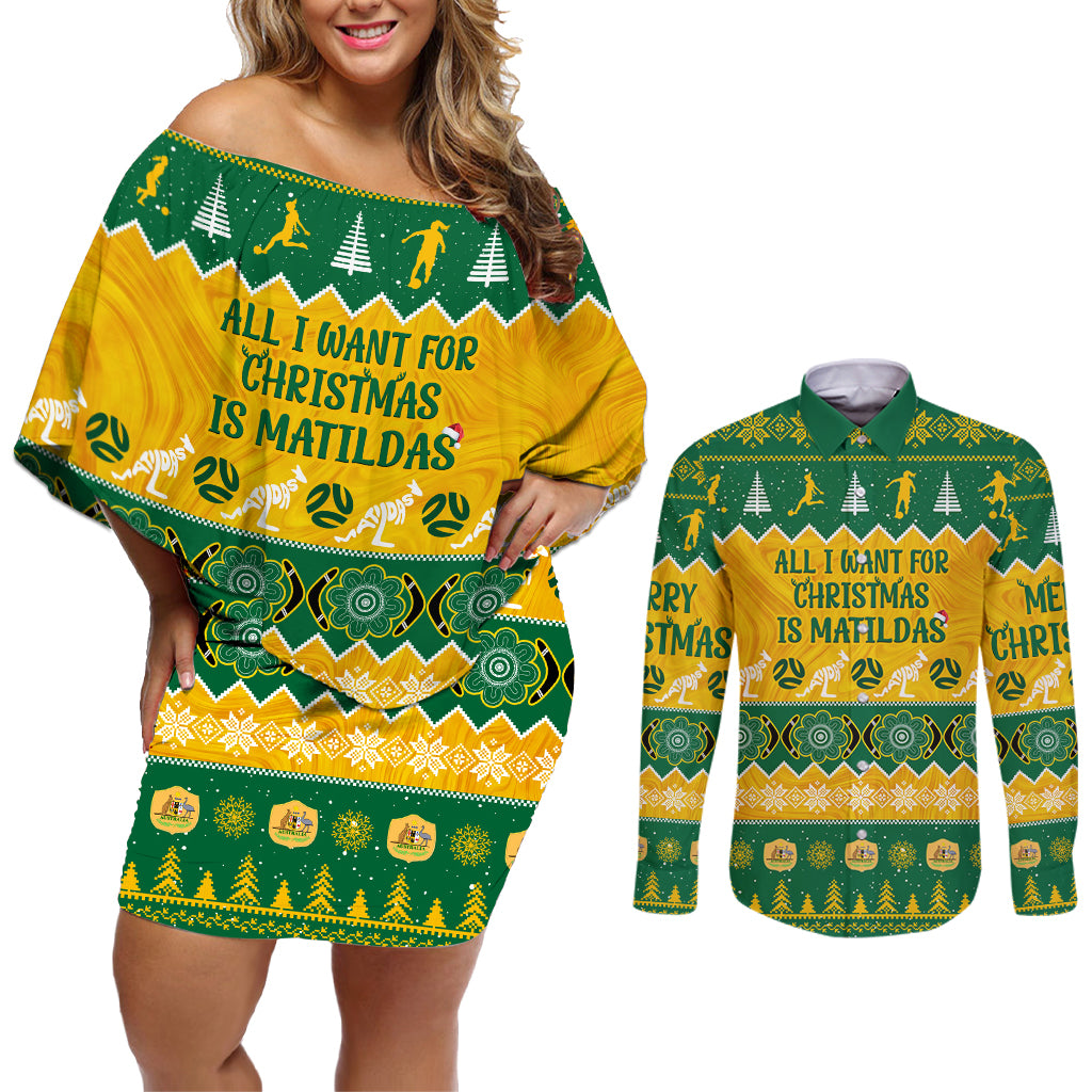 personalised-australia-soccer-christmas-couples-matching-off-shoulder-short-dress-and-long-sleeve-button-shirt-all-i-want-for-xmas-is-matildas