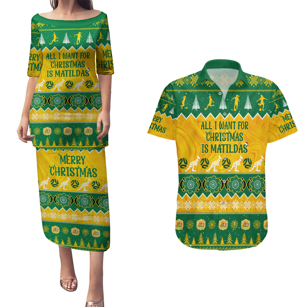 personalised-australia-soccer-christmas-couples-matching-puletasi-dress-and-hawaiian-shirt-all-i-want-for-xmas-is-matildas