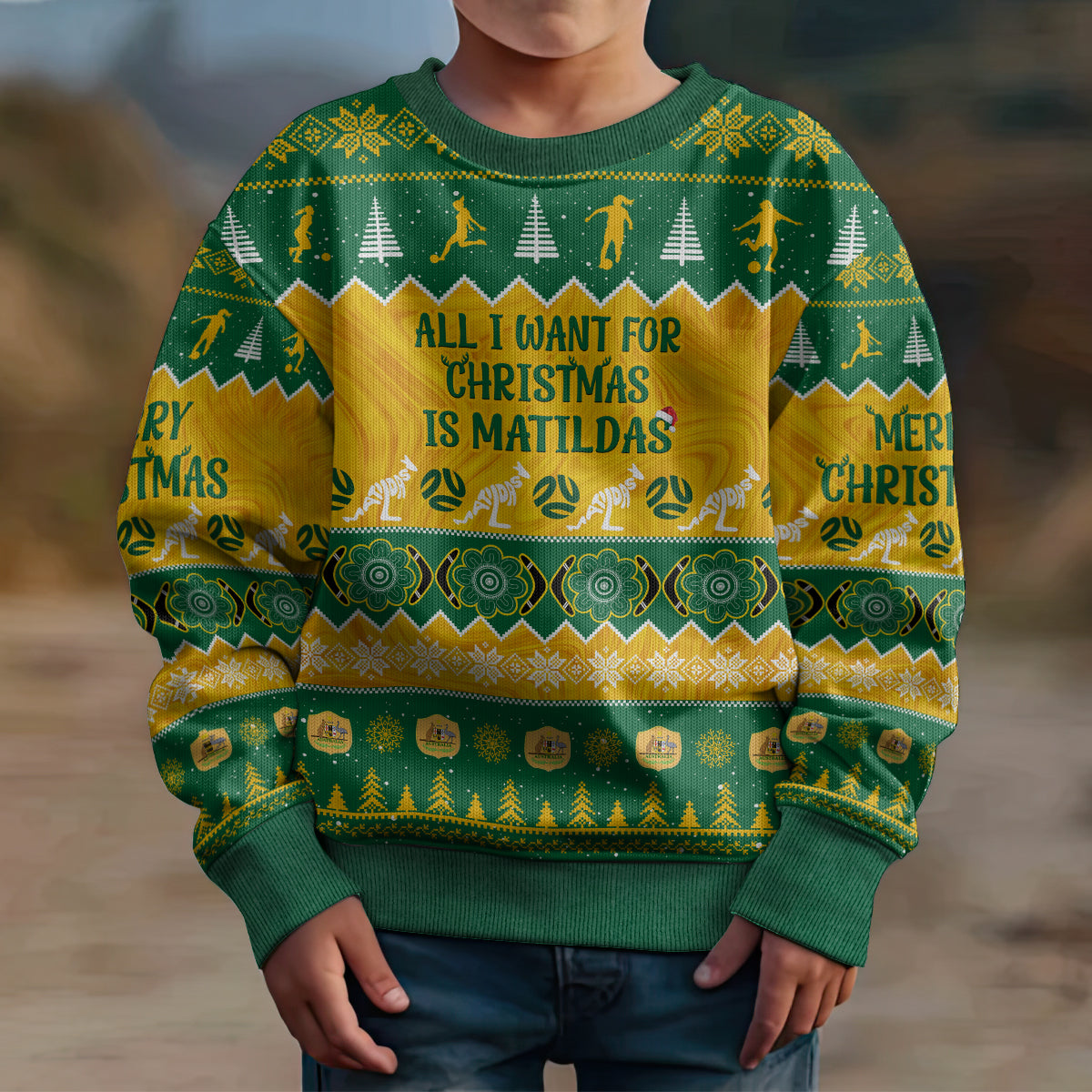 personalised-australia-soccer-christmas-kid-ugly-christmas-sweater-all-i-want-for-xmas-is-matildas