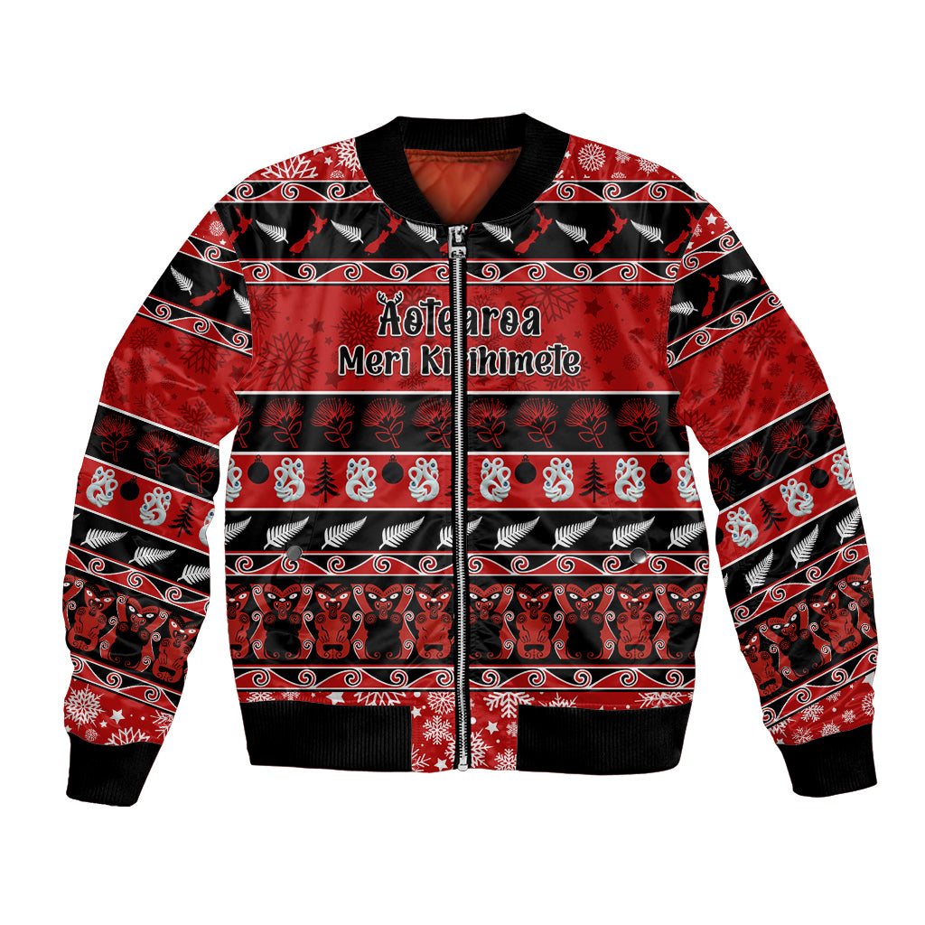 personalised-new-zealand-christmas-bomber-jacket-aotearoa-kiwi-meri-kirihimete-red-version