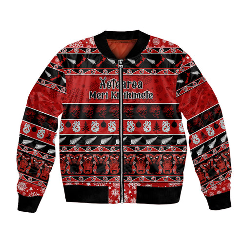 personalised-new-zealand-christmas-bomber-jacket-aotearoa-kiwi-meri-kirihimete-red-version