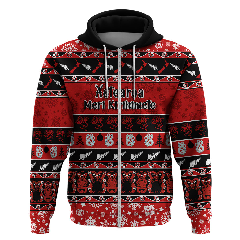 personalised-new-zealand-christmas-hoodie-aotearoa-kiwi-meri-kirihimete-red-version
