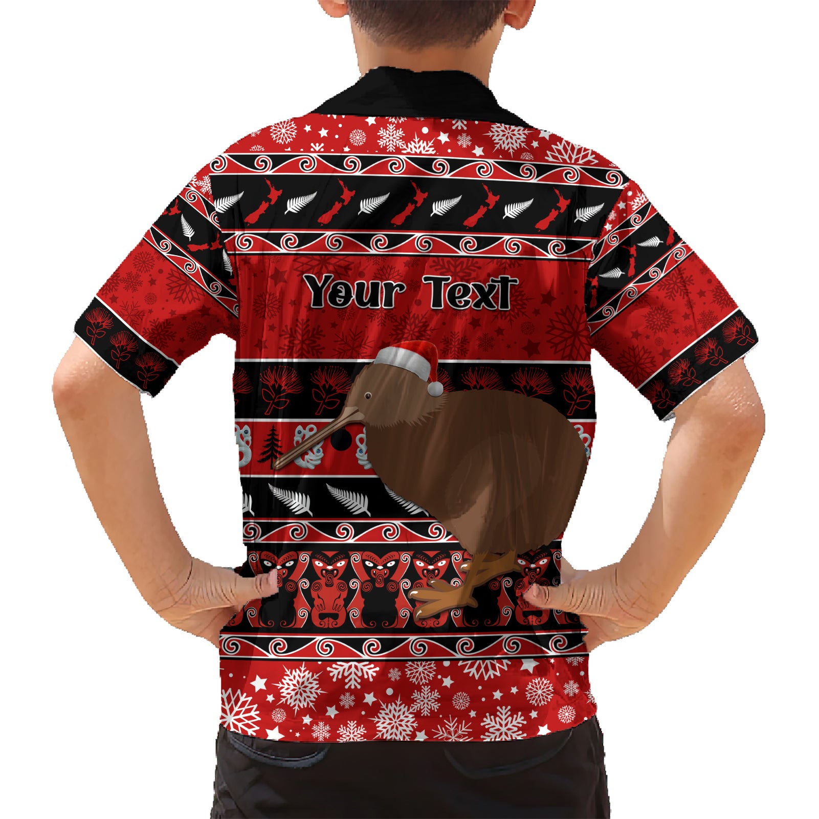 personalised-new-zealand-christmas-kid-hawaiian-shirt-aotearoa-kiwi-meri-kirihimete-red-version