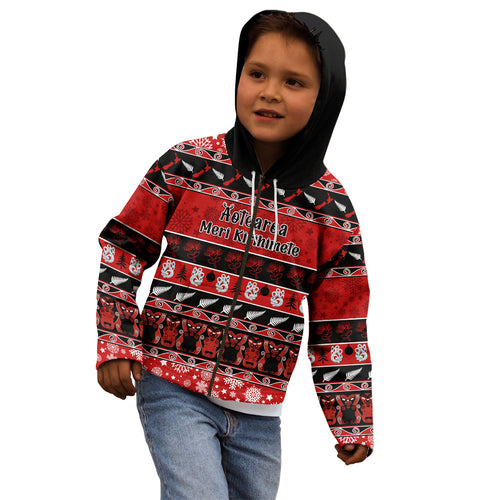 personalised-new-zealand-christmas-kid-hoodie-aotearoa-kiwi-meri-kirihimete-red-version