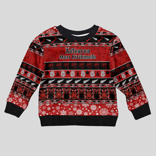 personalised-new-zealand-christmas-kid-ugly-christmas-sweater-aotearoa-kiwi-meri-kirihimete-red-version
