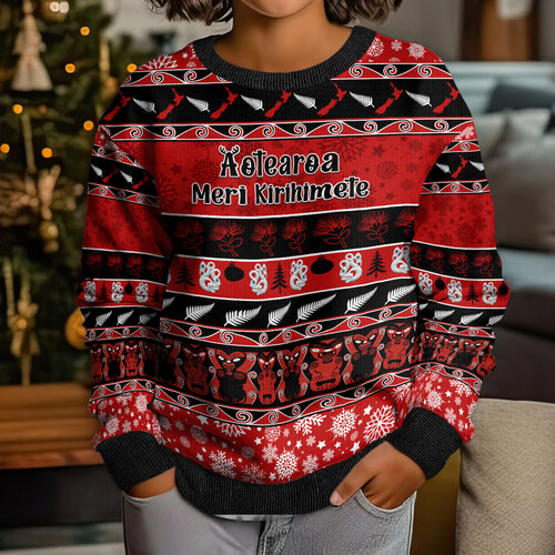 personalised-new-zealand-christmas-kid-ugly-christmas-sweater-aotearoa-kiwi-meri-kirihimete-red-version