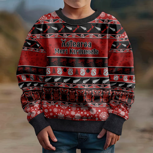 personalised-new-zealand-christmas-kid-ugly-christmas-sweater-aotearoa-kiwi-meri-kirihimete-red-version