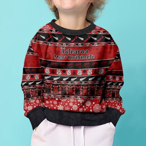 personalised-new-zealand-christmas-kid-ugly-christmas-sweater-aotearoa-kiwi-meri-kirihimete-red-version