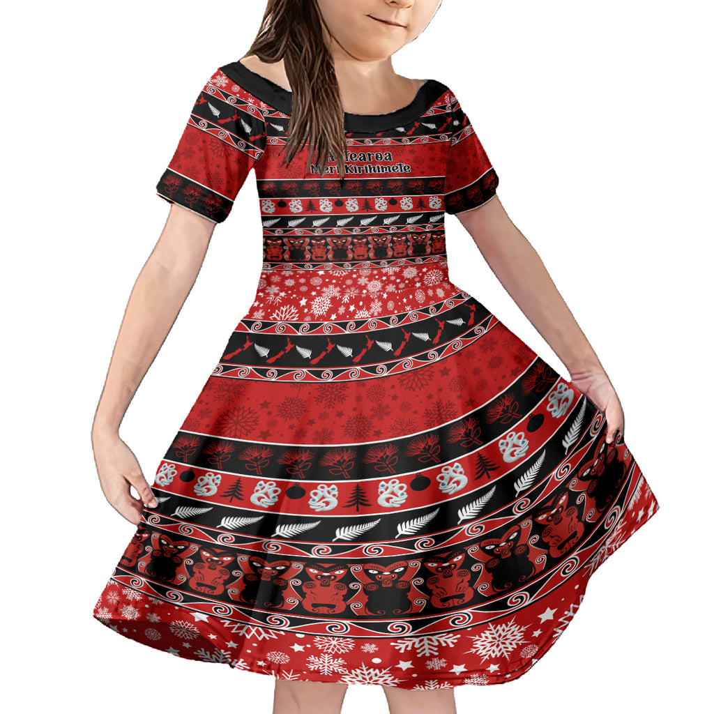 personalised-new-zealand-christmas-kid-short-sleeve-dress-aotearoa-kiwi-meri-kirihimete-red-version