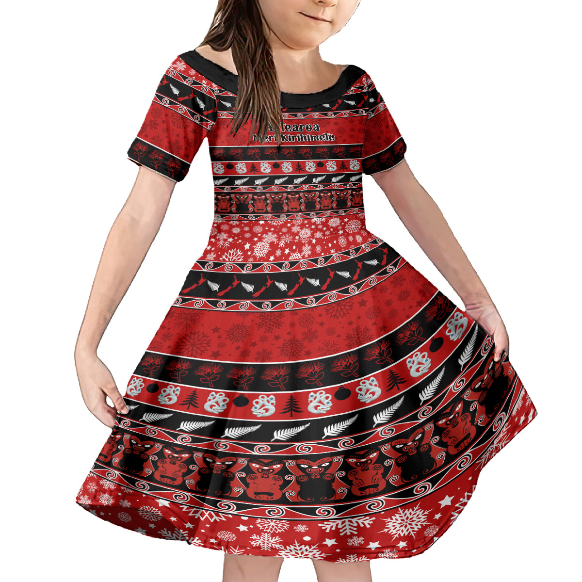 personalised-new-zealand-christmas-kid-short-sleeve-dress-aotearoa-kiwi-meri-kirihimete-red-version